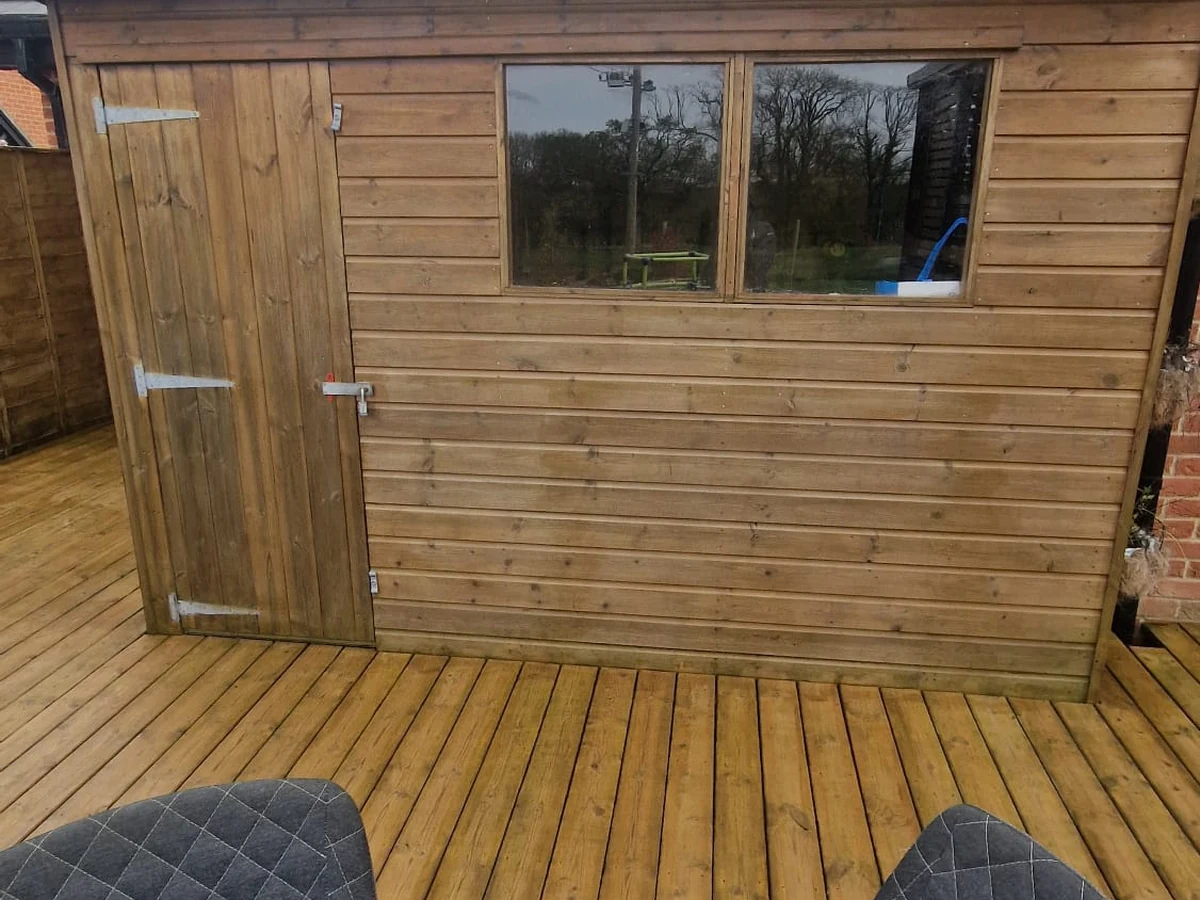 Exterior garden shed staining and wood treatment in Preston by Rose Decor